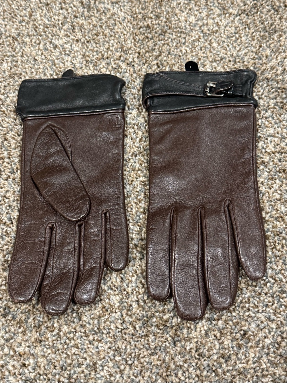 Lauren Ralph Lauren Women’s Brown Leather Gloves with Black Cuff size Medium